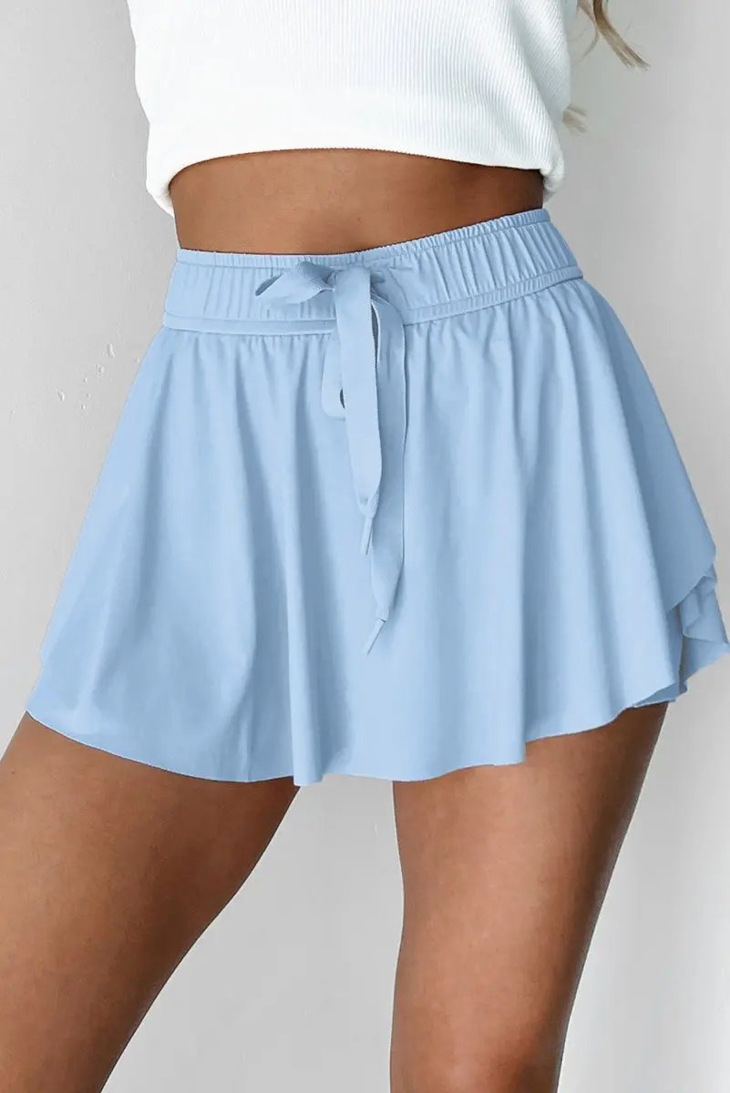 Sky Blue Drawstring High Waist Lined Tennis Skorts for Women - Love Salve